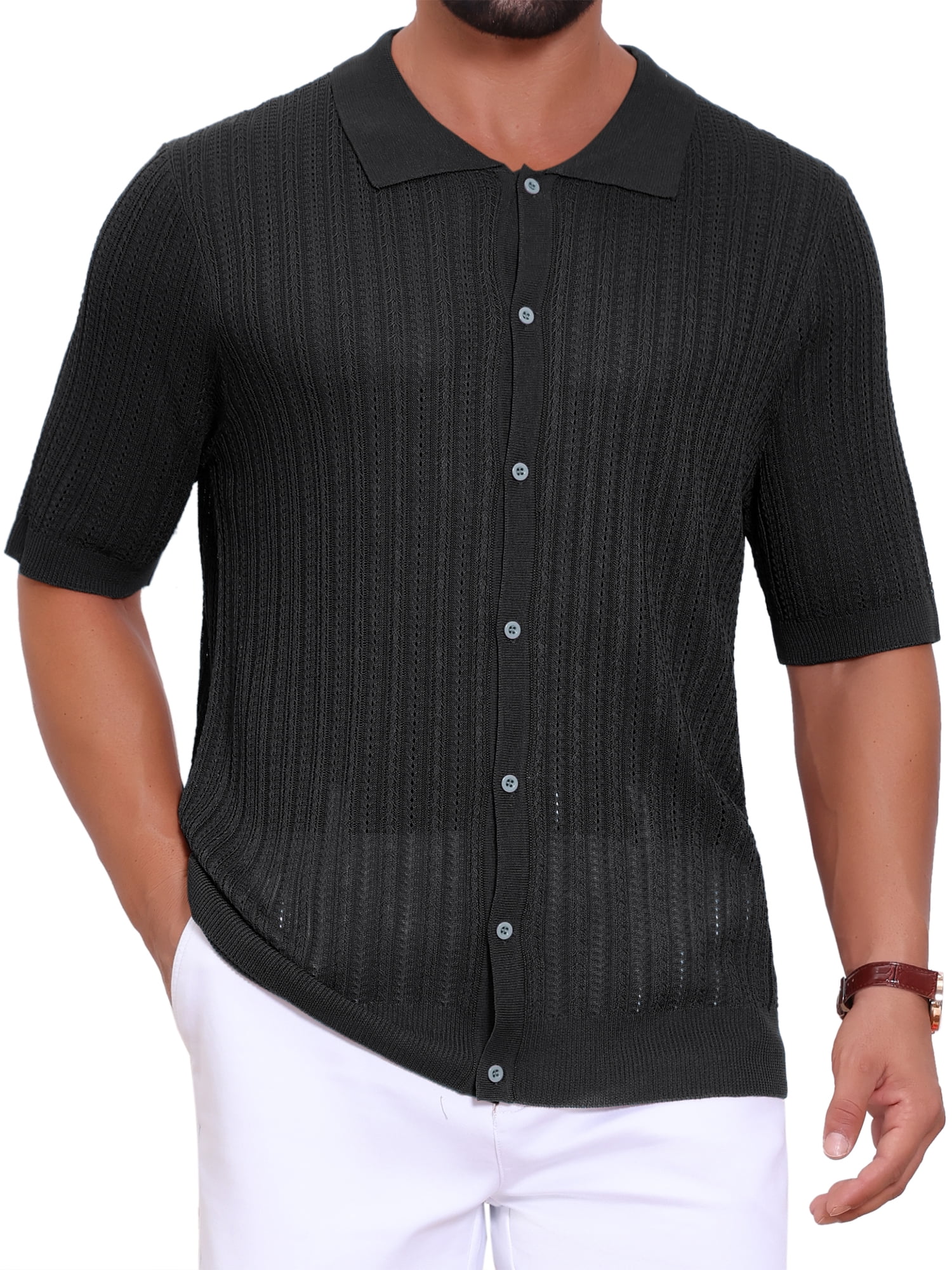 DARING DIVA Men's Striped Summer Short Sleeve Knitted See Through Shirts XL Black
