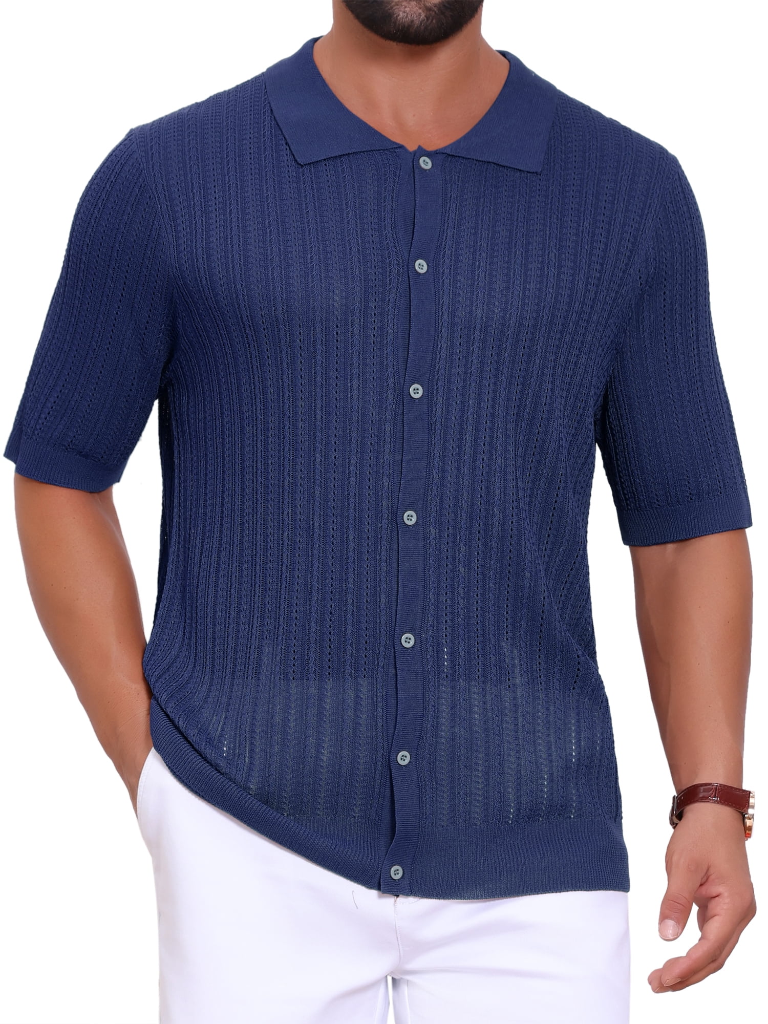 DARING DIVA Men's Striped Summer Short Sleeve Knitted See Through Shirts XL Dark Blue