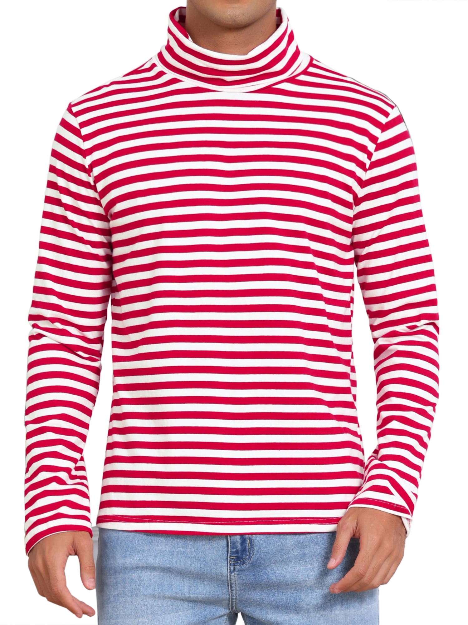 DARING DIVA Men's Striped Turtleneck Long Sleeves Pullover Stripes T-Shirt M Red White