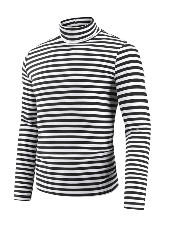 Men's Striped Turtleneck Long Sleeves Pullover Stripes T-Shirt S Black White