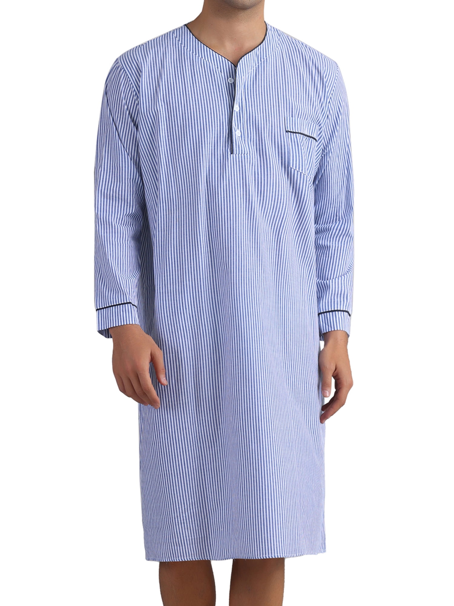 DARING DIVA Men's Striped V-Neck Button Front Long Sleeve Comfortable Nightshirt 2XL Blue