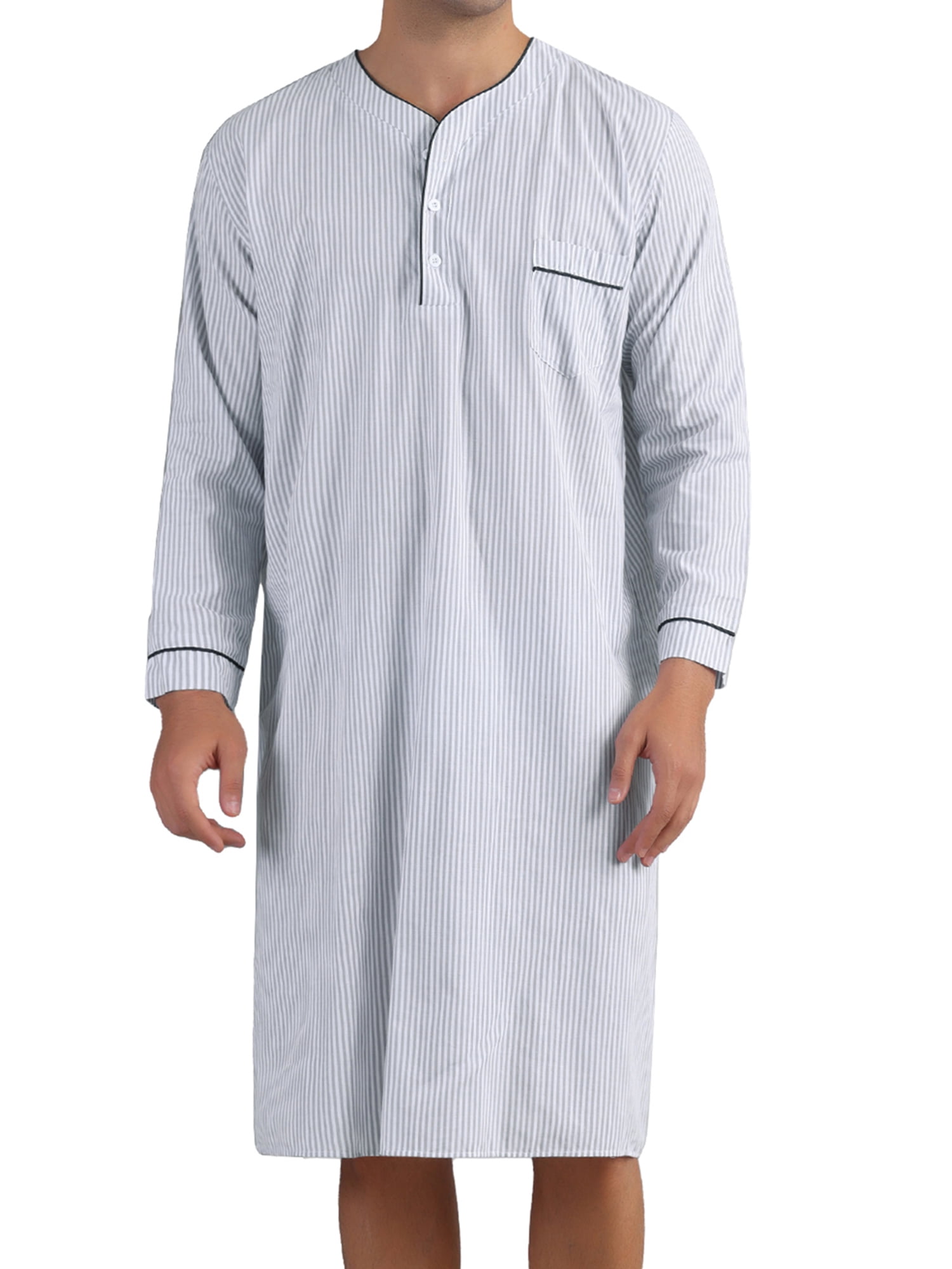 DARING DIVA Men's Striped V-Neck Button Front Long Sleeve Comfortable Nightshirt M Light Gray