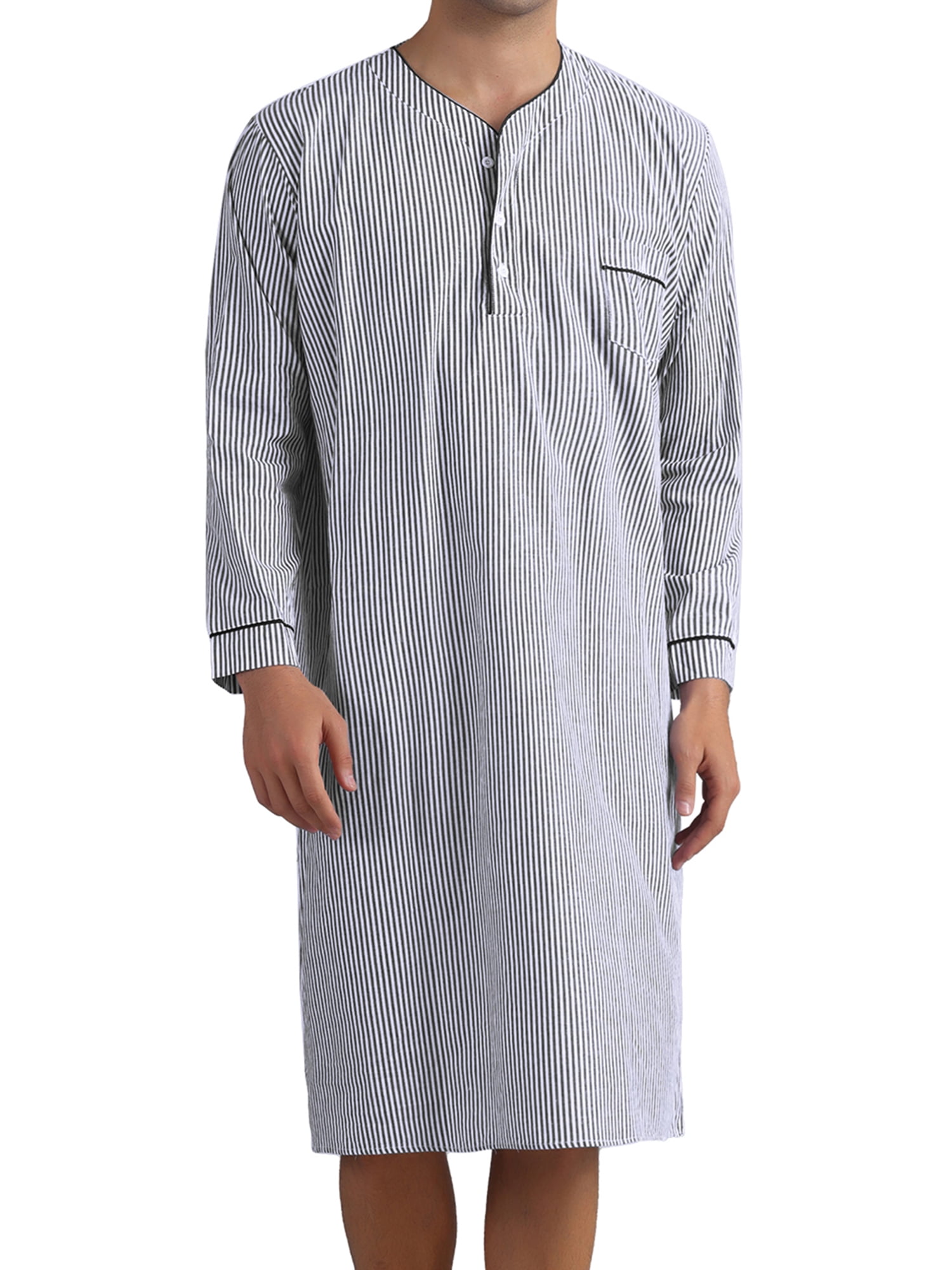 DARING DIVA Men's Striped V-Neck Button Front Long Sleeve Comfortable Nightshirt XL Black