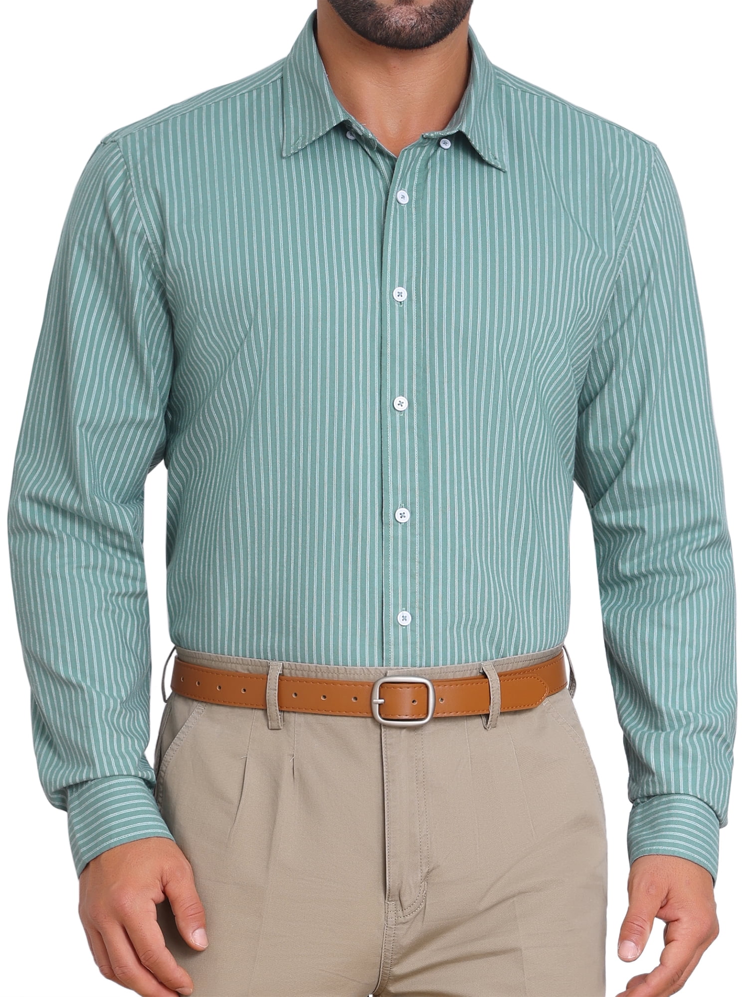 DARING DIVA Men's Stripes Long Sleeved Button Down Business Dress Shirts L Green