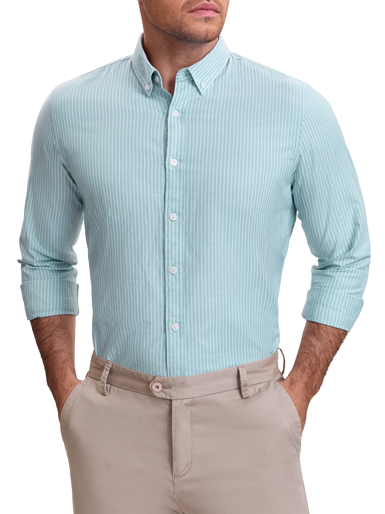 DARING DIVA Men's Stripes Long Sleeved Button Down Business Dress Shirts L Light Green