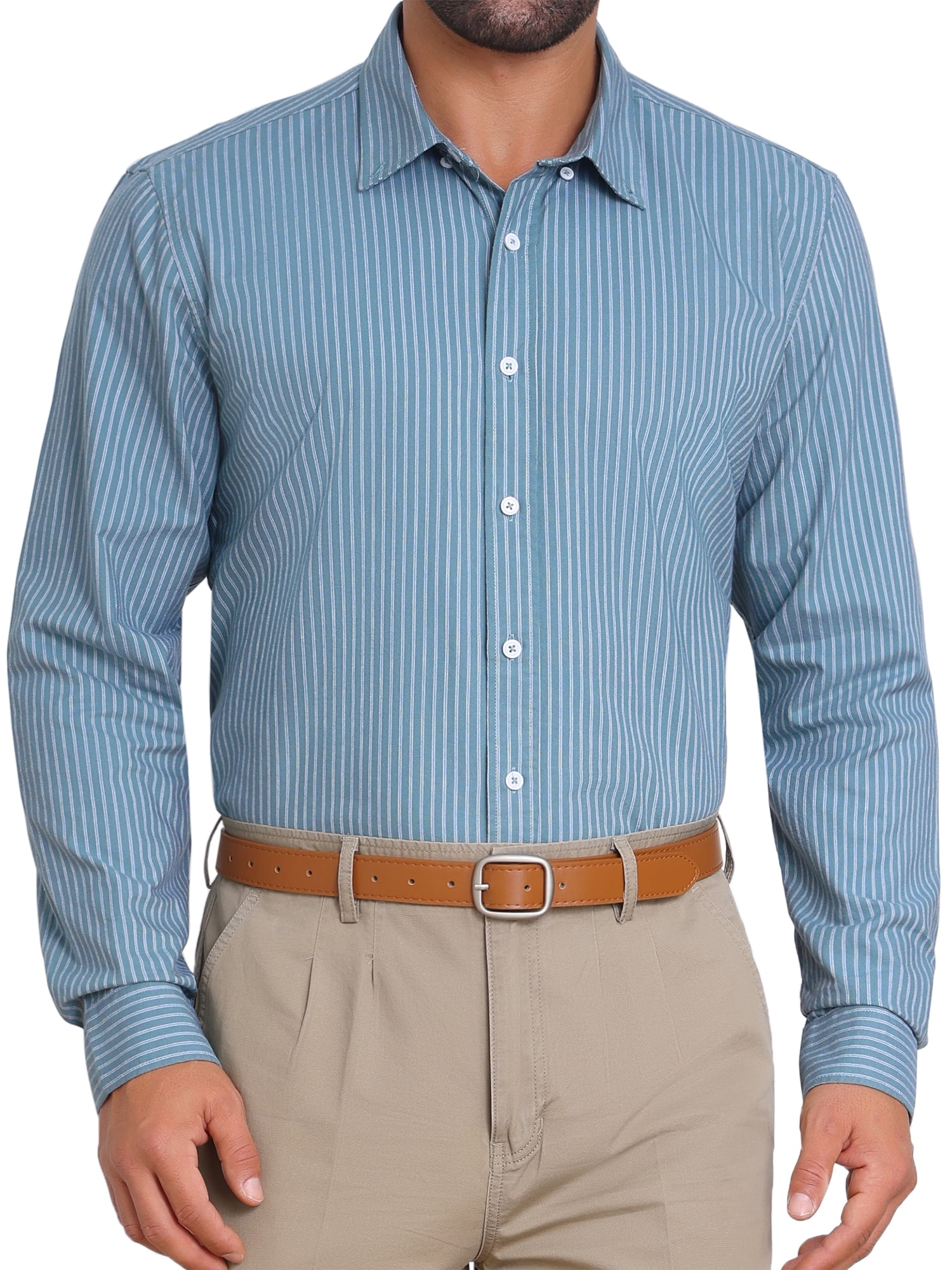 DARING DIVA Men's Stripes Long Sleeved Button Down Business Dress Shirts M Blue