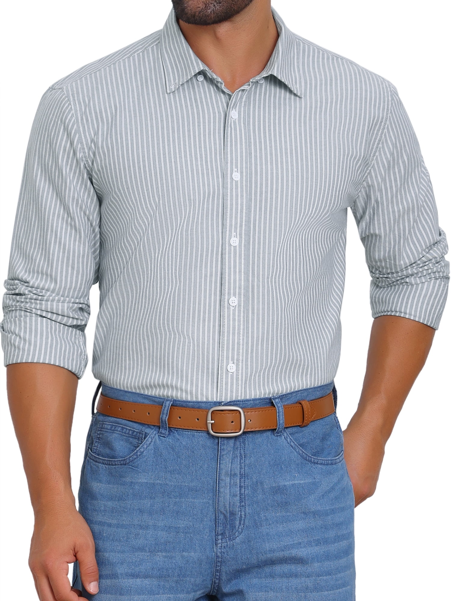 DARING DIVA Men's Stripes Long Sleeved Button Down Business Dress Shirts M Gray