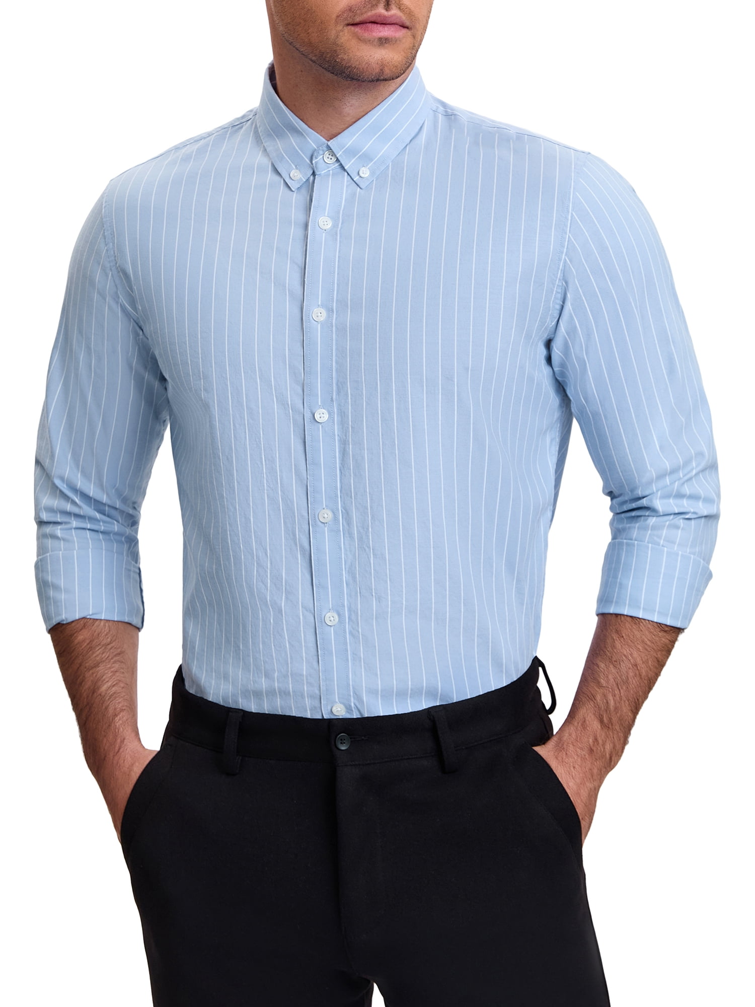 DARING DIVA Men's Stripes Long Sleeved Button Down Business Dress Shirts XL Light Blue
