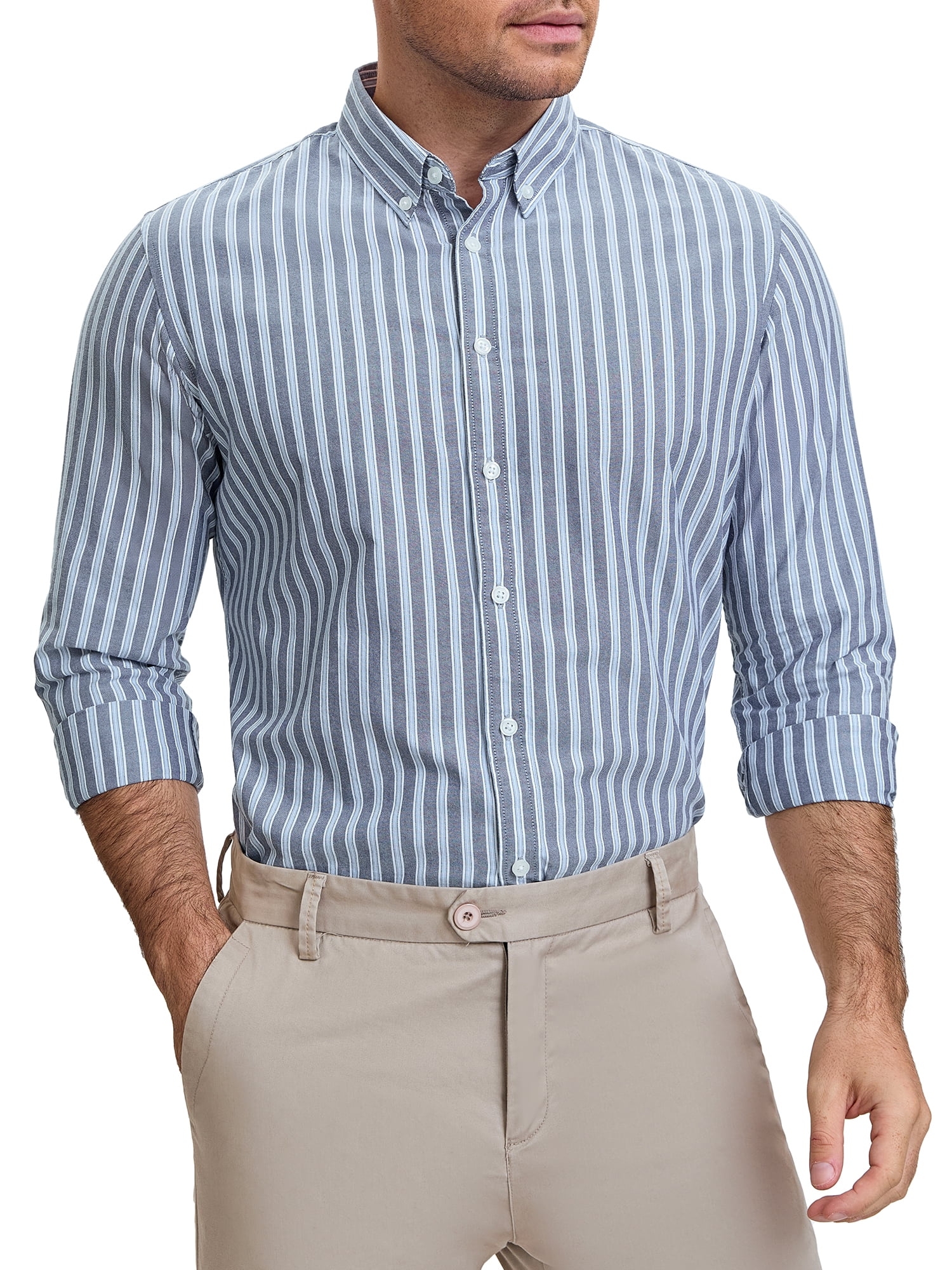 DARING DIVA Men's Stripes Long Sleeved Button Down Business Dress Shirts XL Light Gray