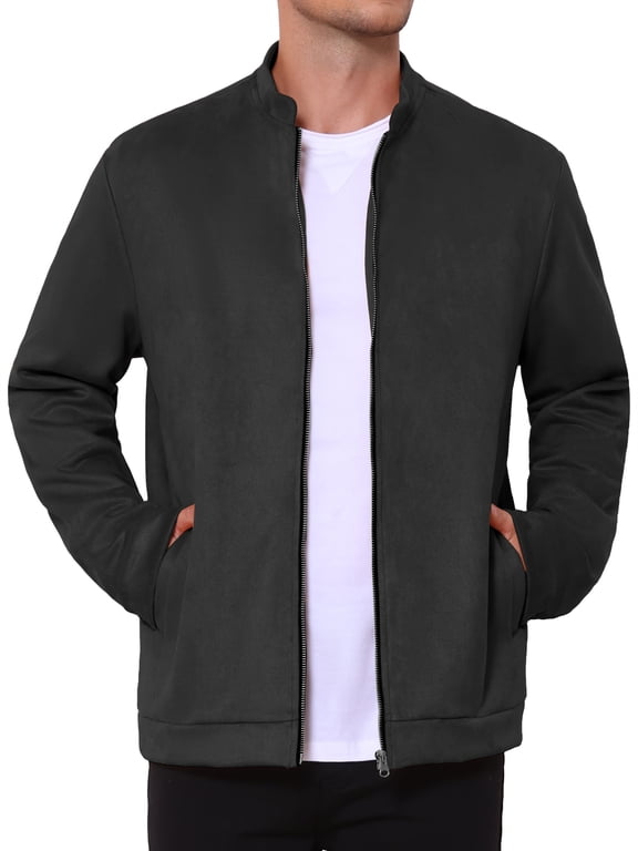 Men's Suede Lightweight Stand Collar Zipper Bomber Jacket L Black