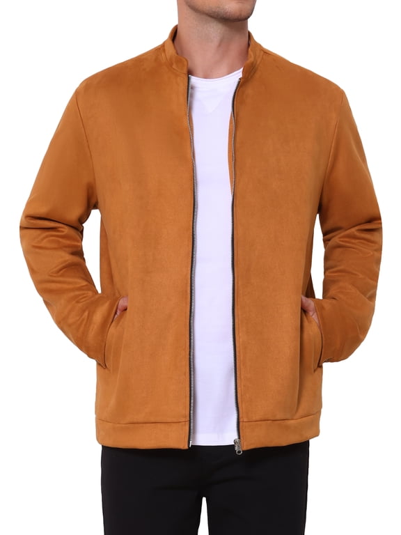 Men's Suede Lightweight Stand Collar Zipper Bomber Jacket S Orange