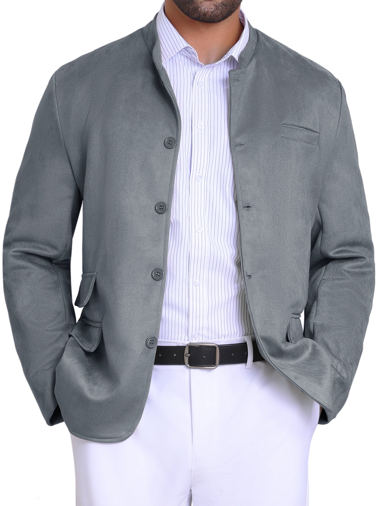 DARING DIVA Men's Suit Jacket Stand Collar Single Breasted Suede Blazer L Gray