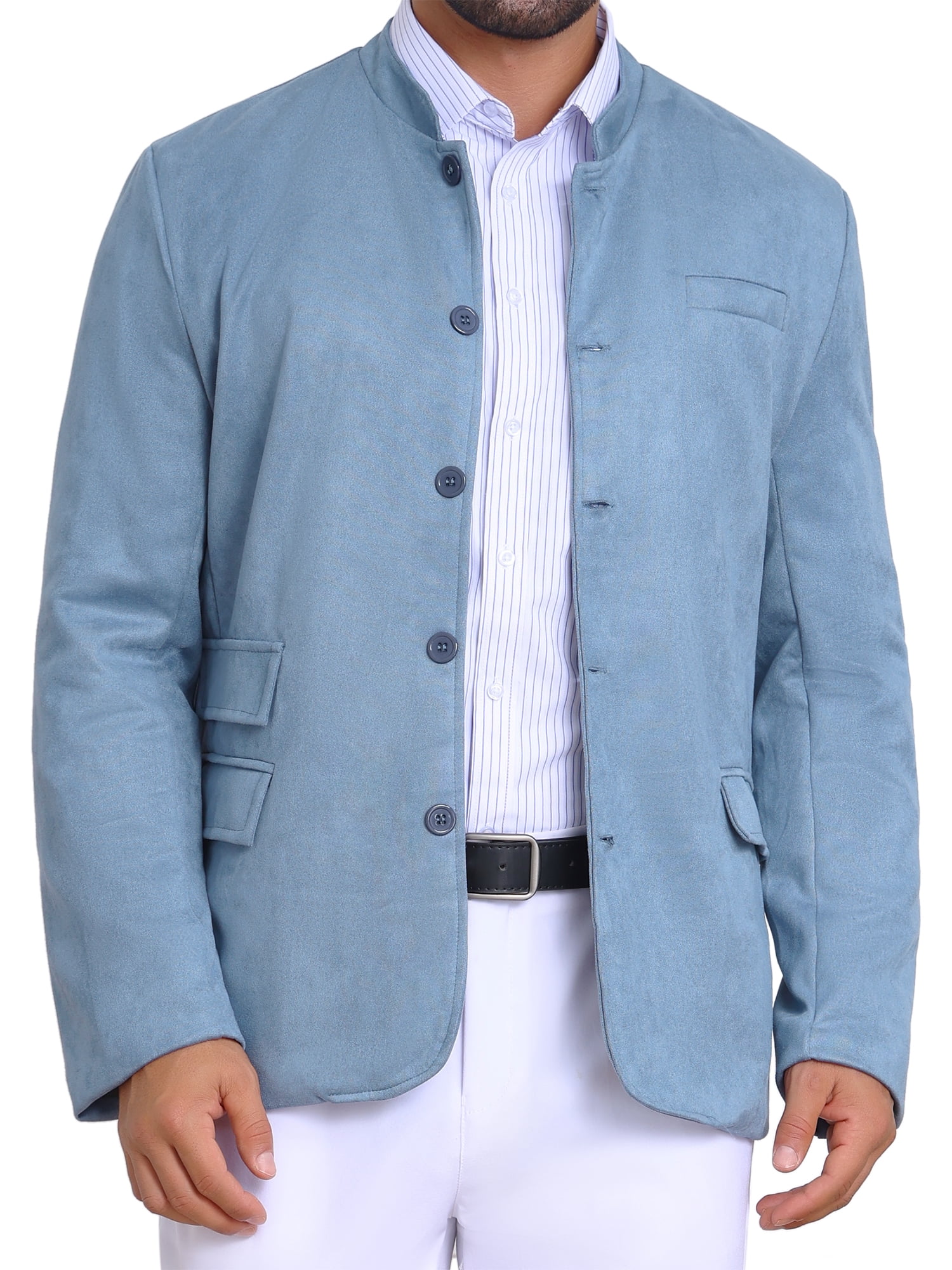 DARING DIVA Men's Suit Jacket Stand Collar Single Breasted Suede Blazer M Blue