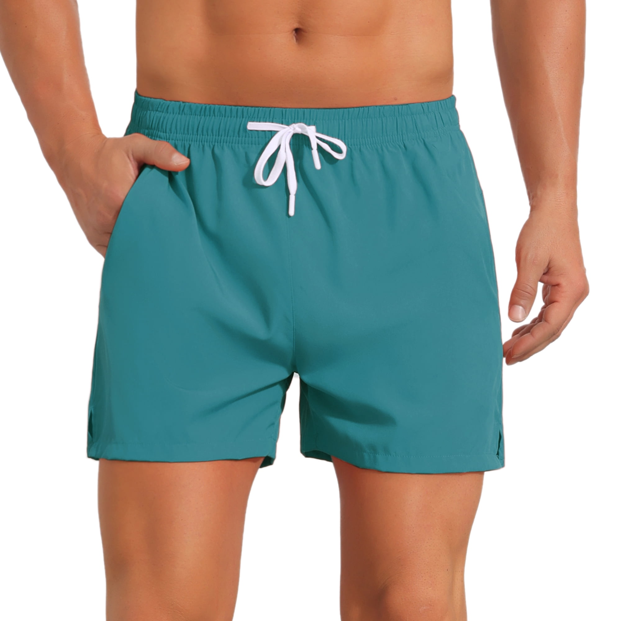 DARING DIVA Men's Summer Beach Elastic Waist Solid Board Shorts with Pocket 28 Lake Blue