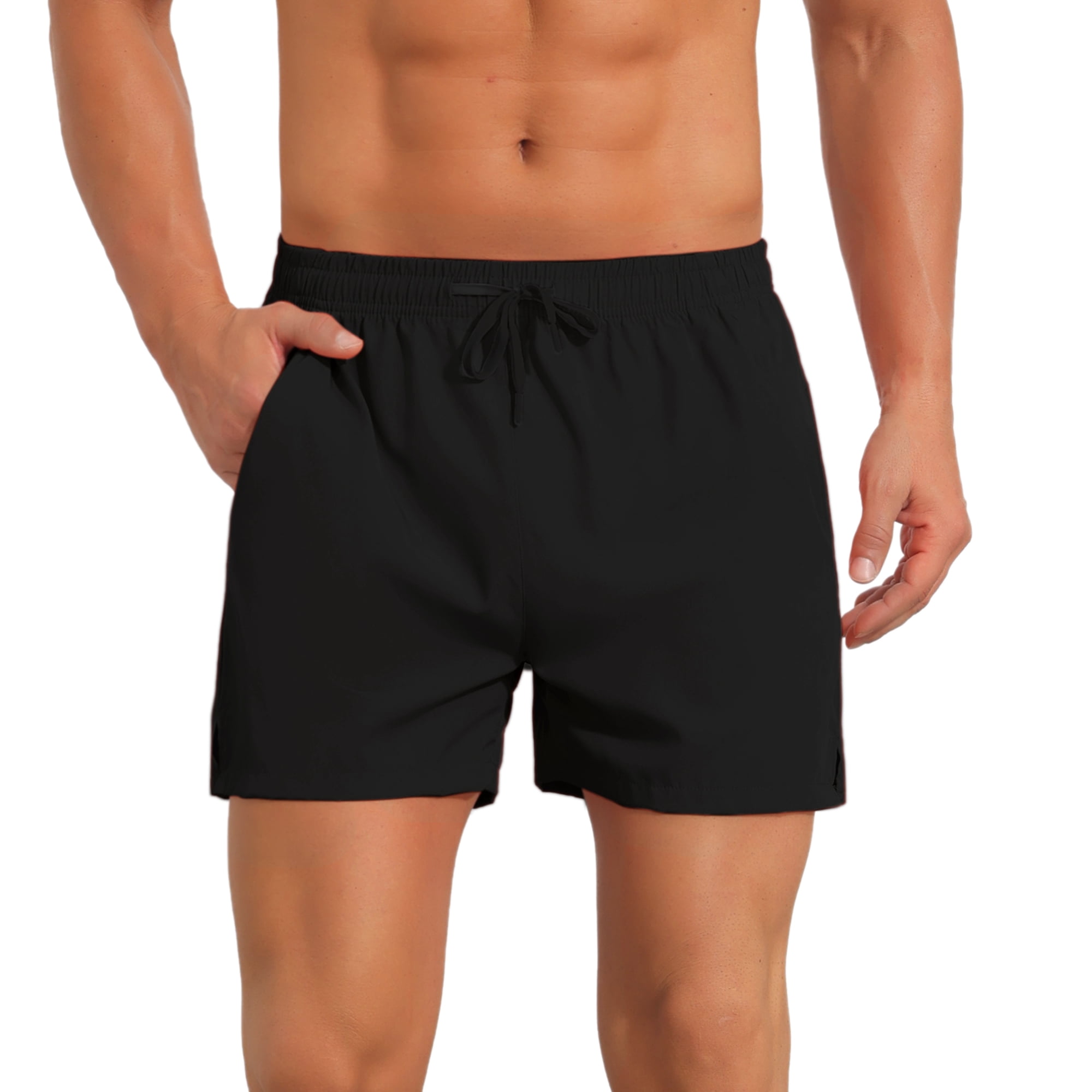 DARING DIVA Men's Summer Beach Elastic Waist Solid Board Shorts with Pocket 36 Black