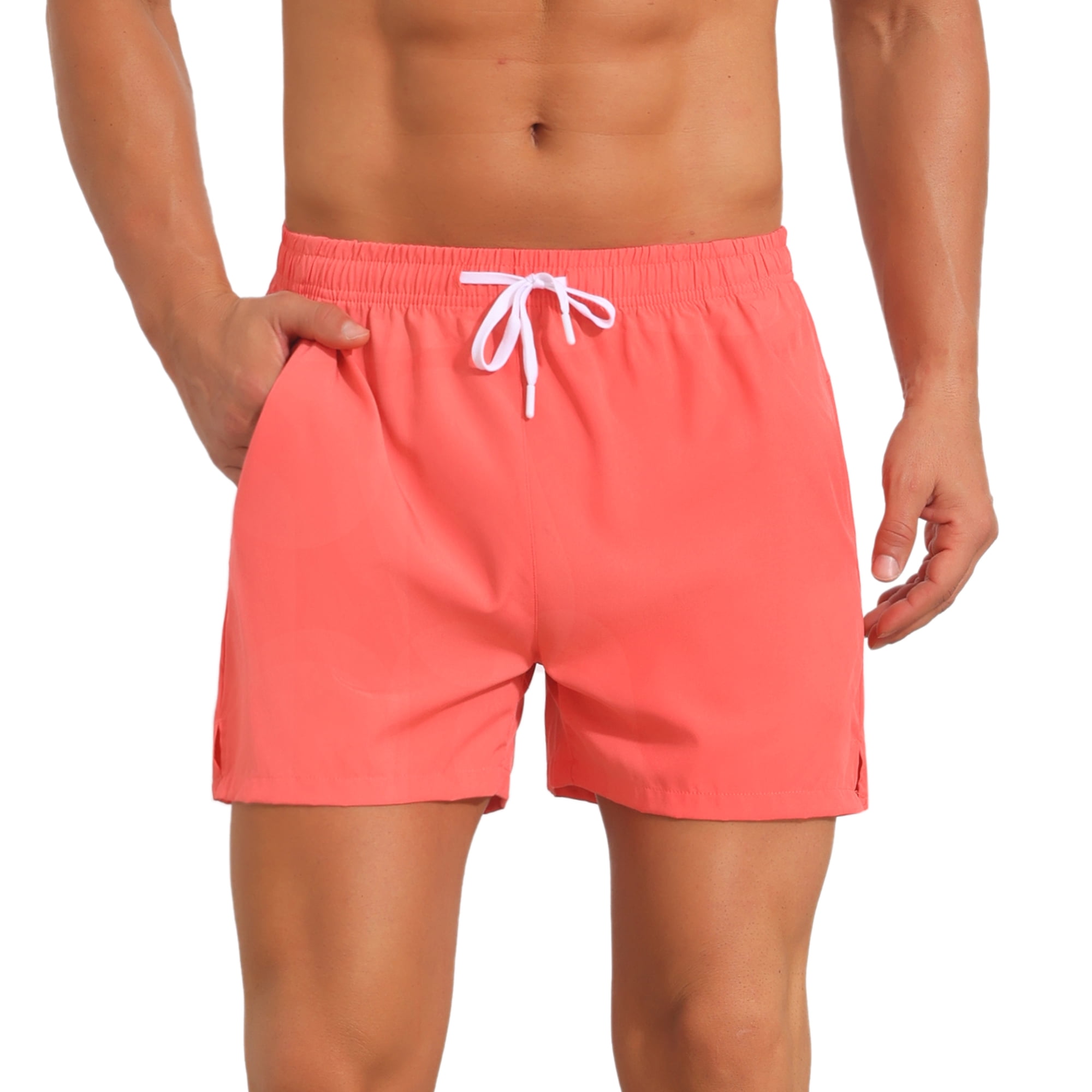 DARING DIVA Men's Summer Beach Elastic Waist Solid Board Shorts with Pocket 36 Light Red