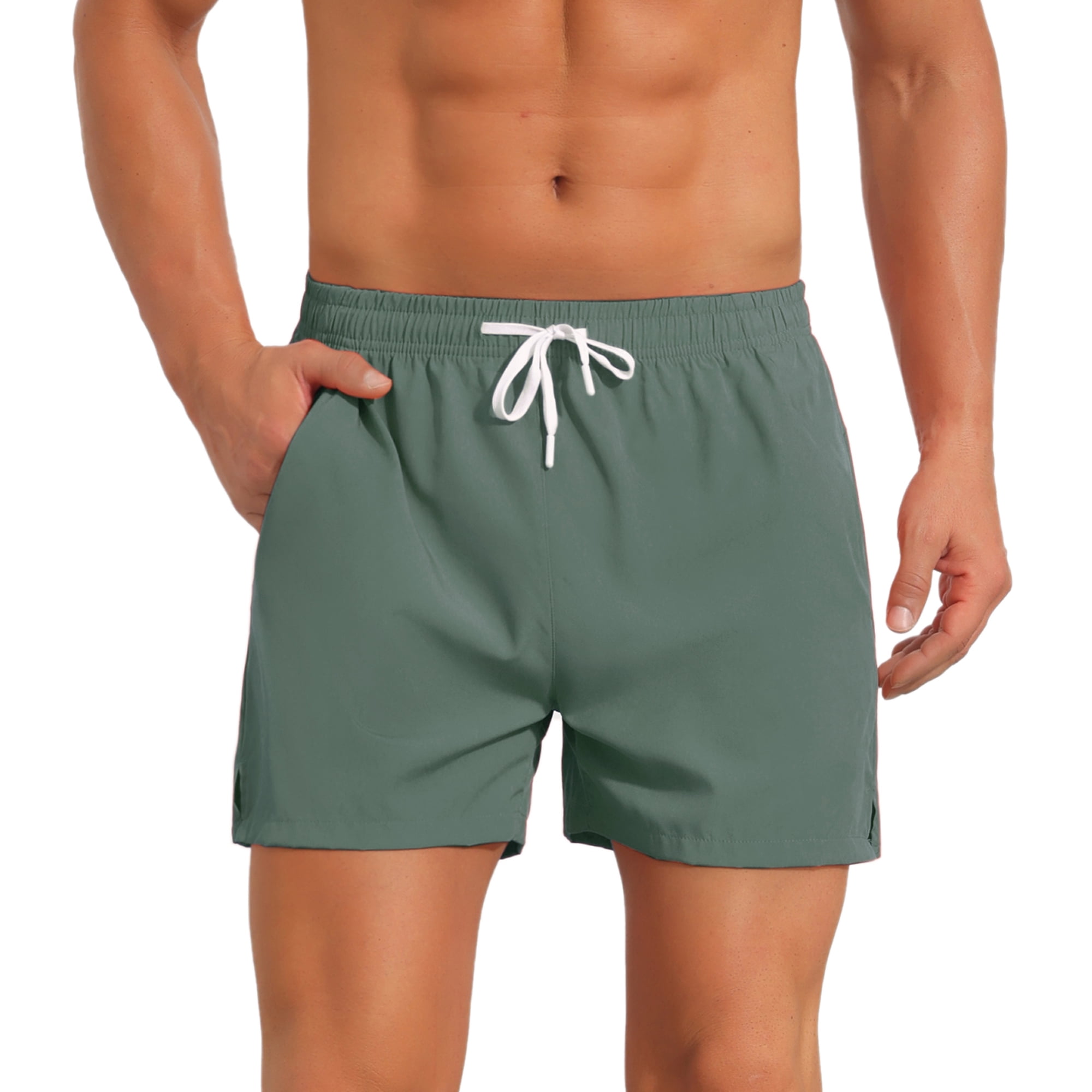 DARING DIVA Men's Summer Beach Elastic Waist Solid Board Shorts with Pocket 36 Olive Green