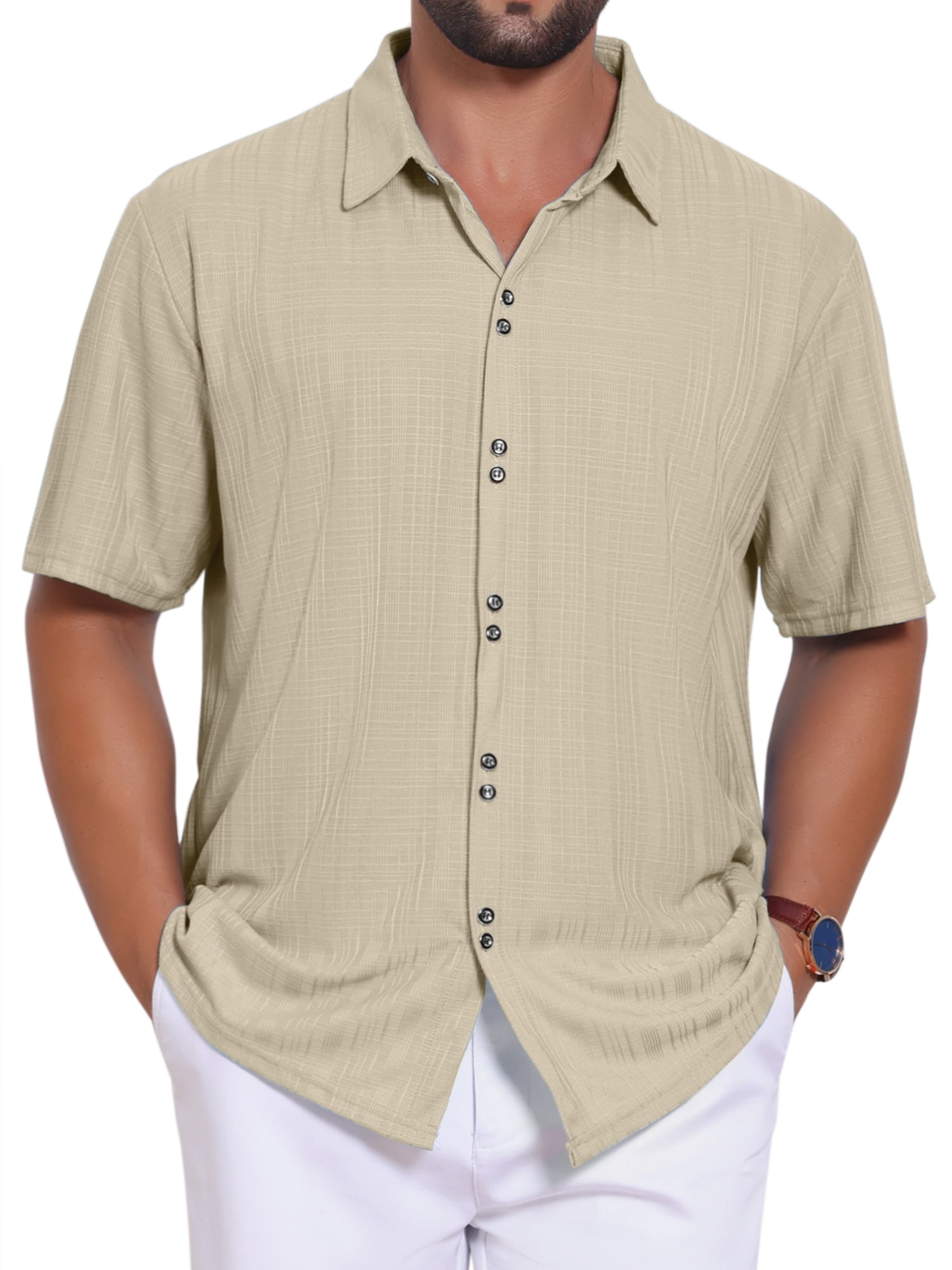 DARING DIVA Men's Texture Short Sleeve Button Down Casual Knitted Shirt L Khaki