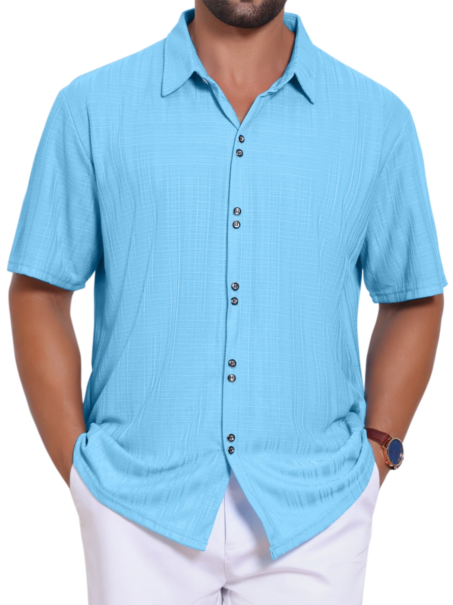 DARING DIVA Men's Texture Short Sleeve Button Down Casual Knitted Shirt L Light Blue