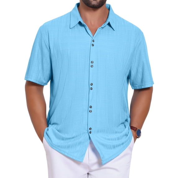 DARING DIVA Men's Texture Short Sleeve Button Down Casual Knitted Shirt M Light Blue
