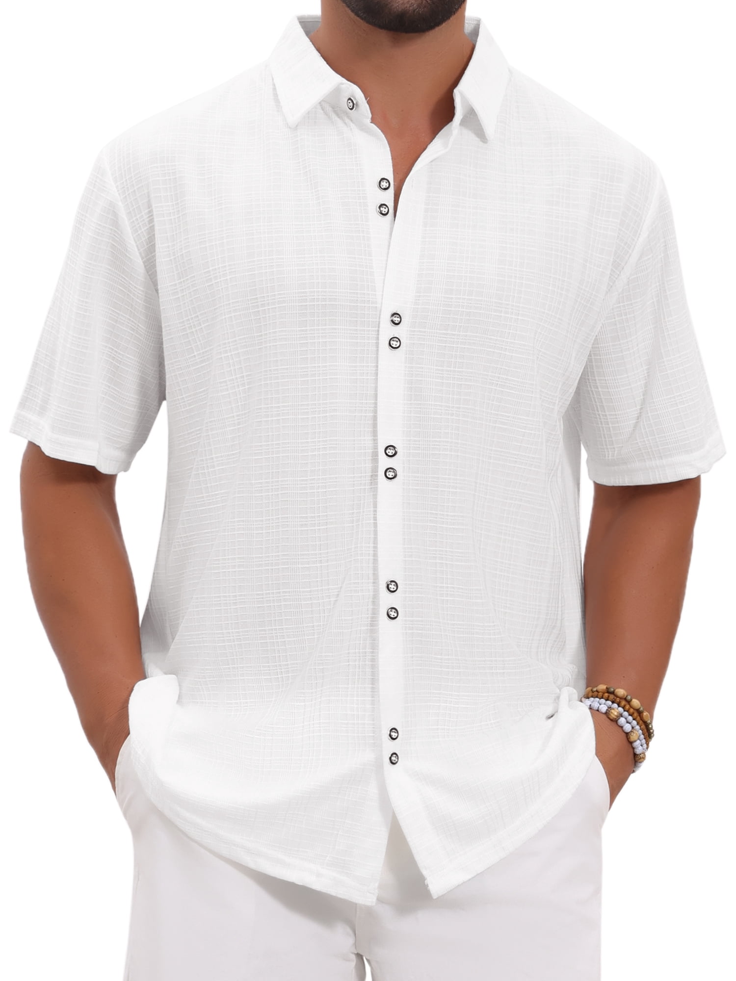 DARING DIVA Men's Texture Short Sleeve Button Down Casual Knitted Shirt M White