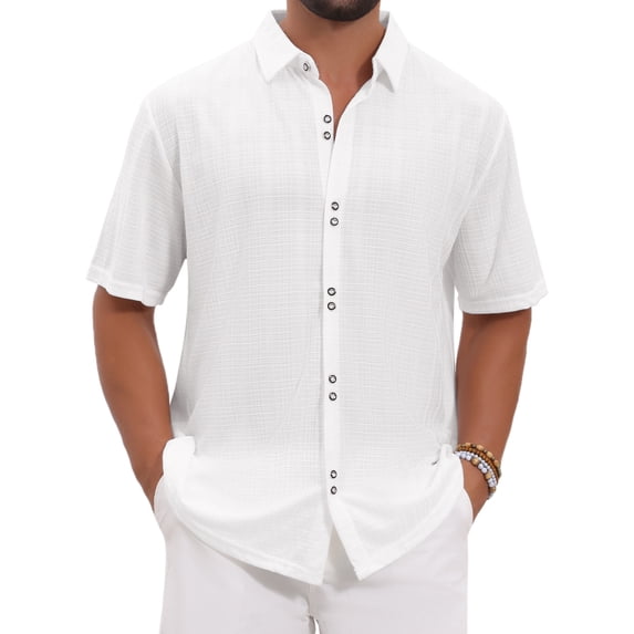 DARING DIVA Men's Texture Short Sleeve Button Down Casual Knitted Shirt M White