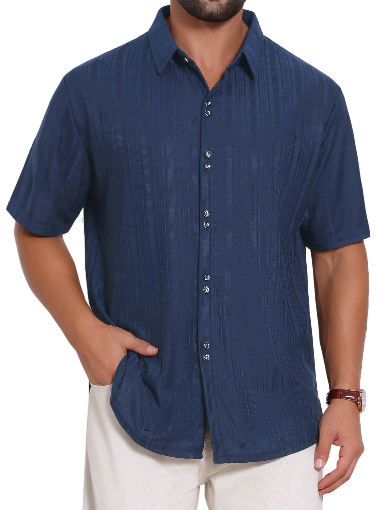 DARING DIVA Men's Texture Short Sleeve Button Down Casual Knitted Shirt XL Dark Blue