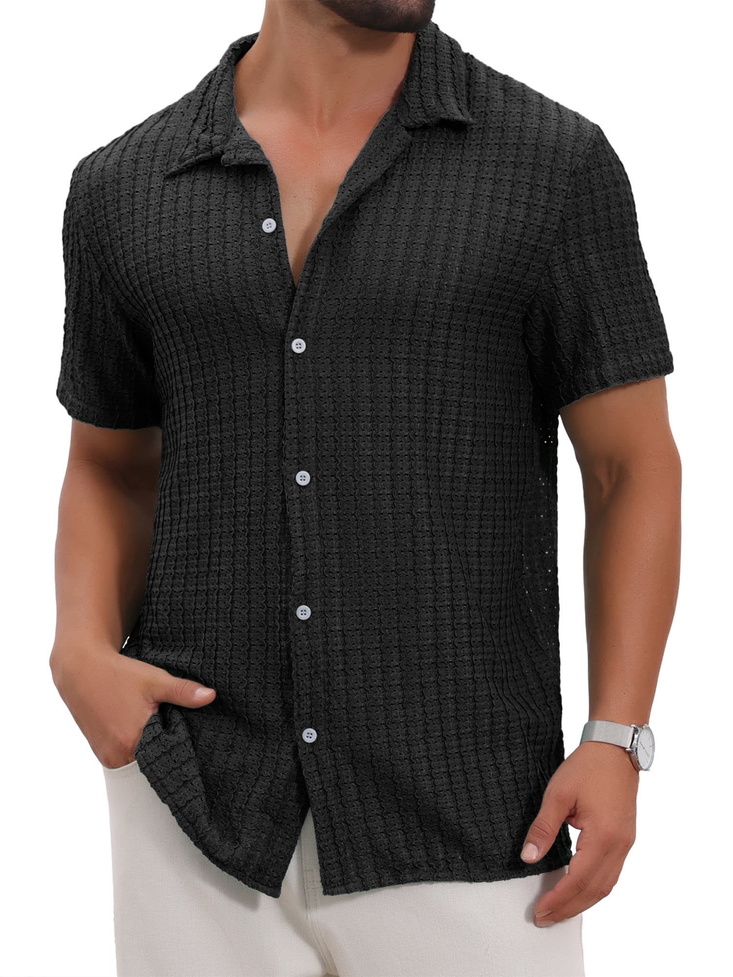 DARING DIVA Men's Casual Knitted Hollow Out Short Sleeve Shirt L Black