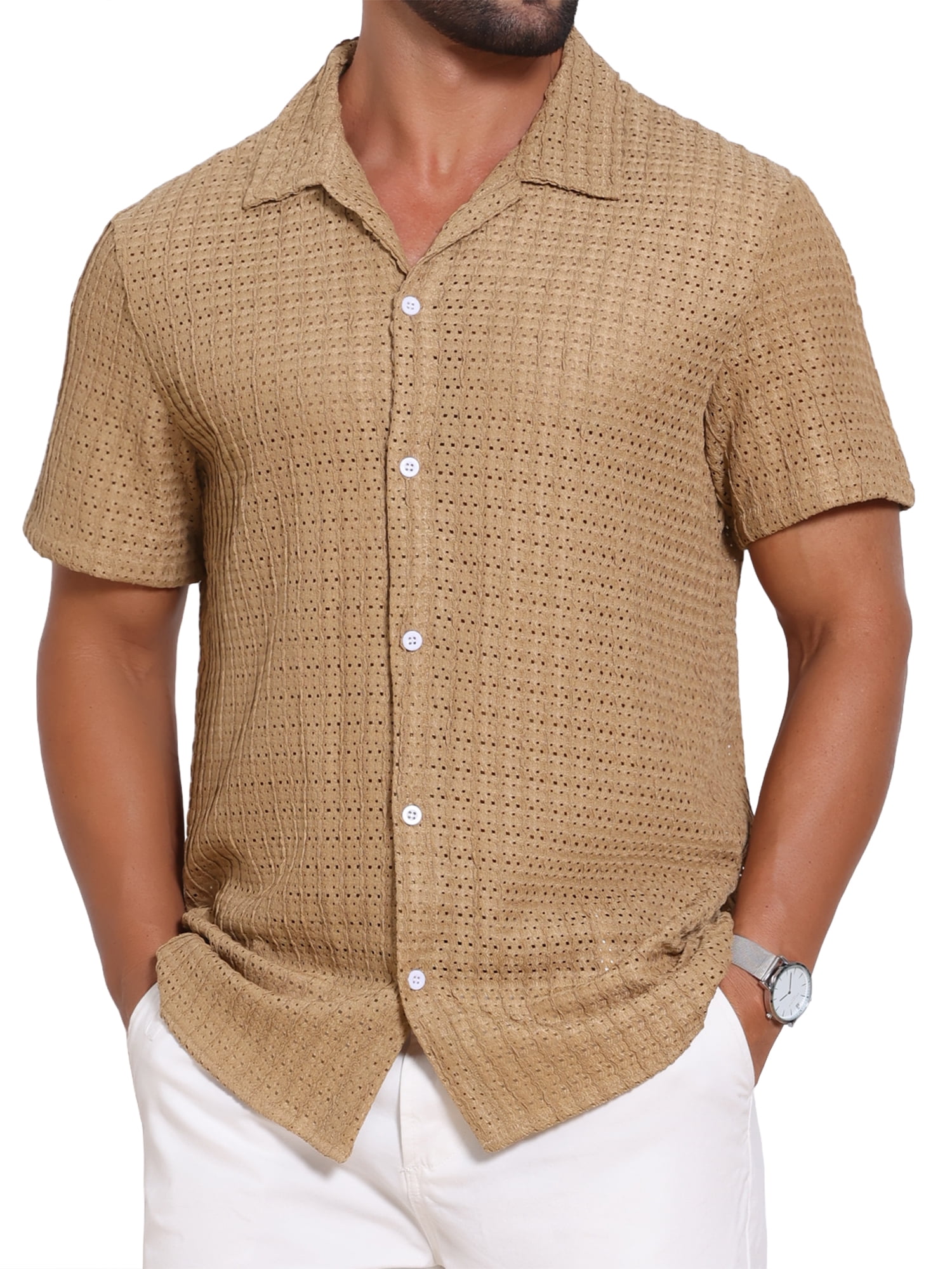 DARING DIVA Men's Casual Knitted Hollow Out Short Sleeve Shirt L Khaki