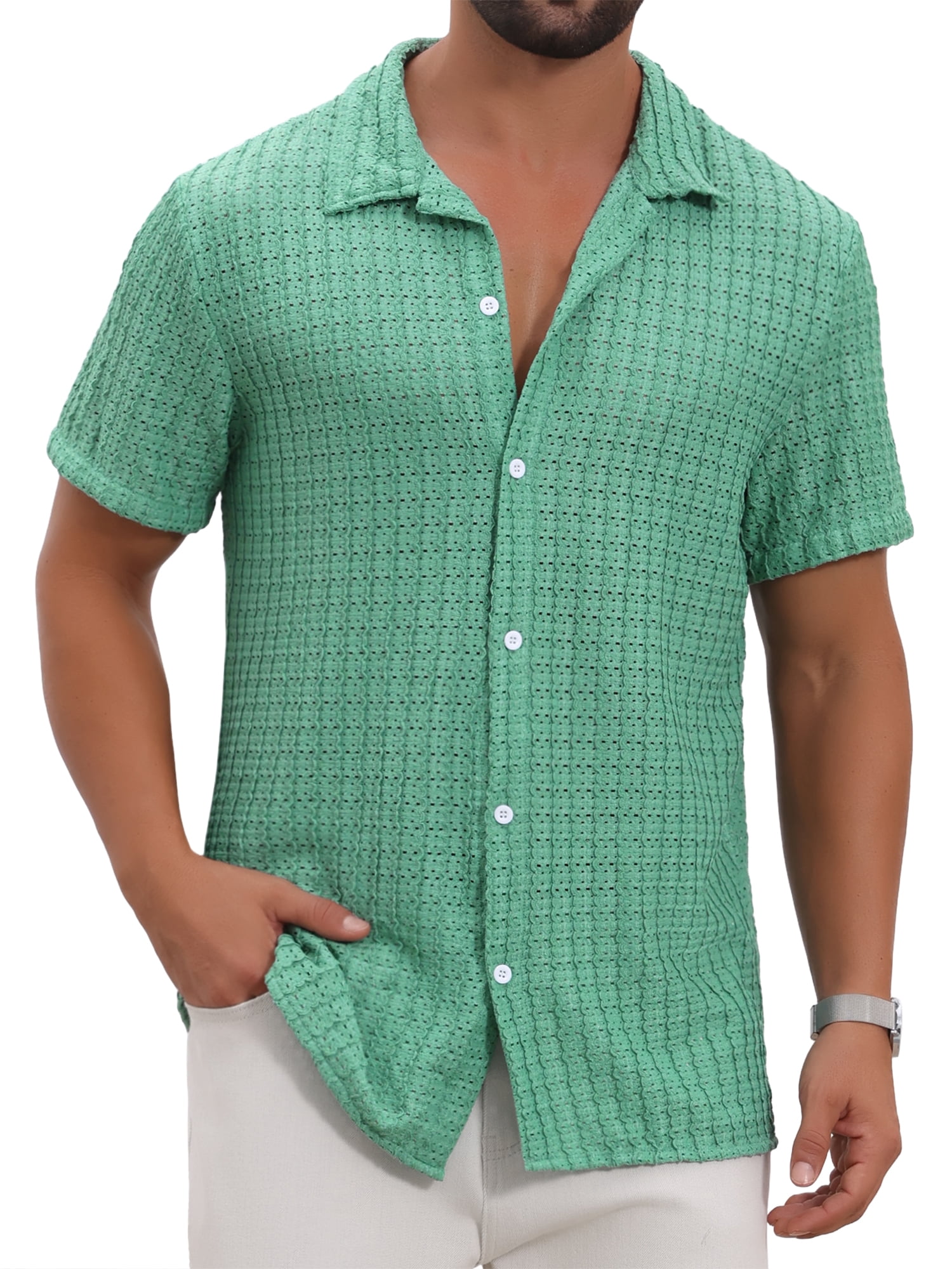 DARING DIVA Men's Casual Knitted Hollow Out Short Sleeve Shirt XL Green