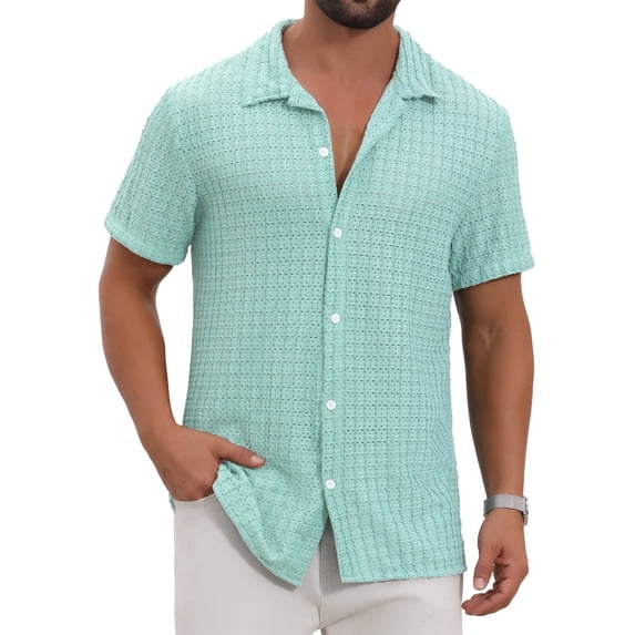 DARING DIVA Men's Casual Knitted Hollow Out Short Sleeve Shirt XL Light Blue