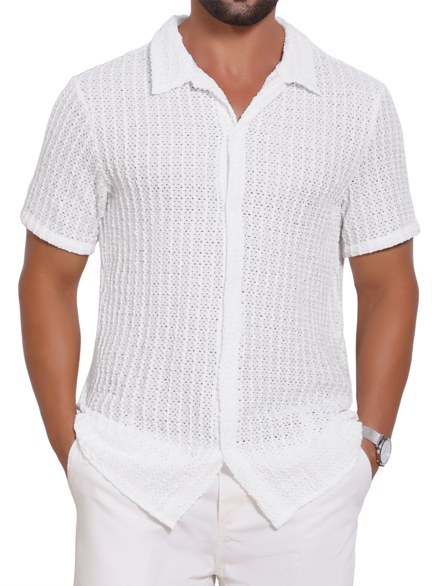 DARING DIVA Men's Casual Knitted Hollow Out Short Sleeve Shirt XL White