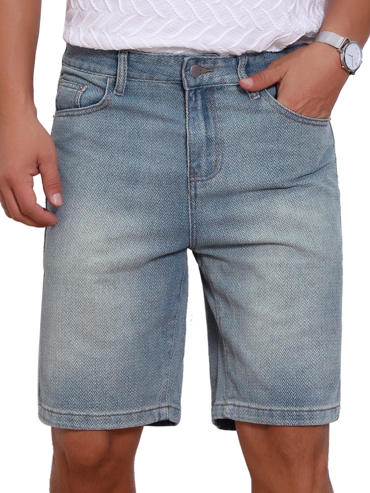 DARING DIVA Men's Textured Denim Above Knee Zipper Closure Jean Shorts 36 Light Blue