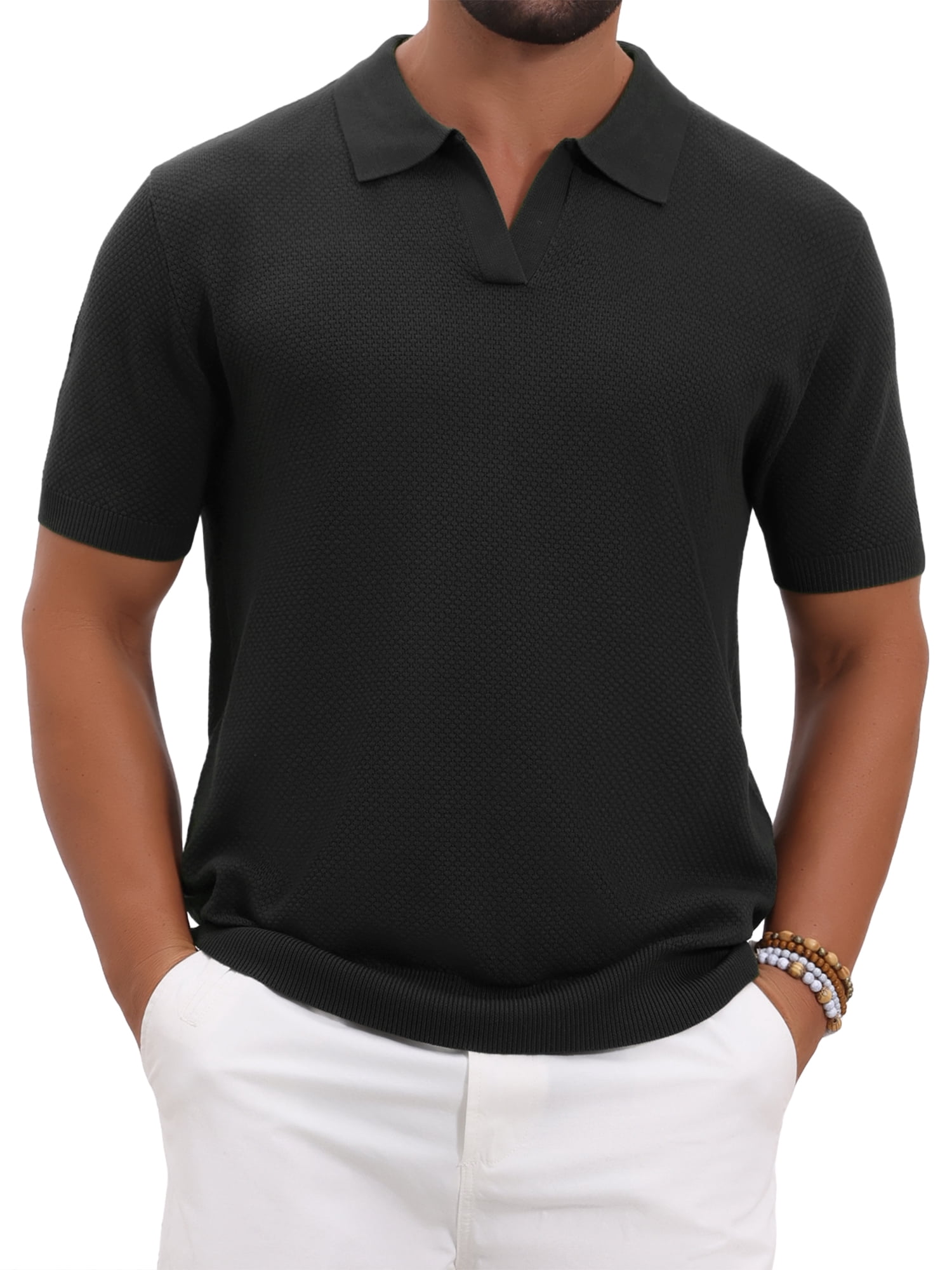 DARING DIVA Men's Textured Knit V Neck Short Sleeve Casual Golf Polo Shirt L Black