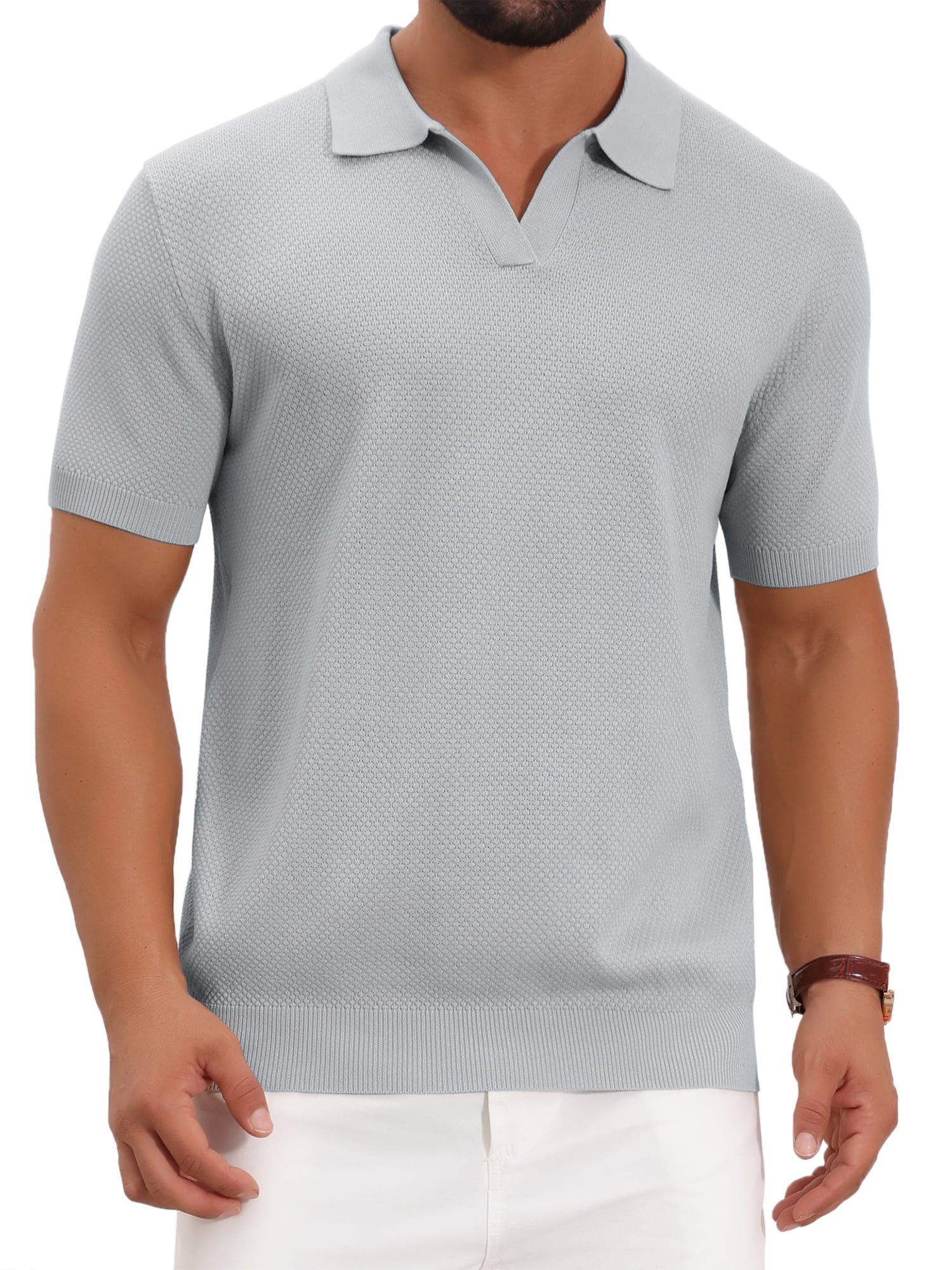 DARING DIVA Men's Textured Knit V Neck Short Sleeve Casual Golf Polo Shirt M Light Gray