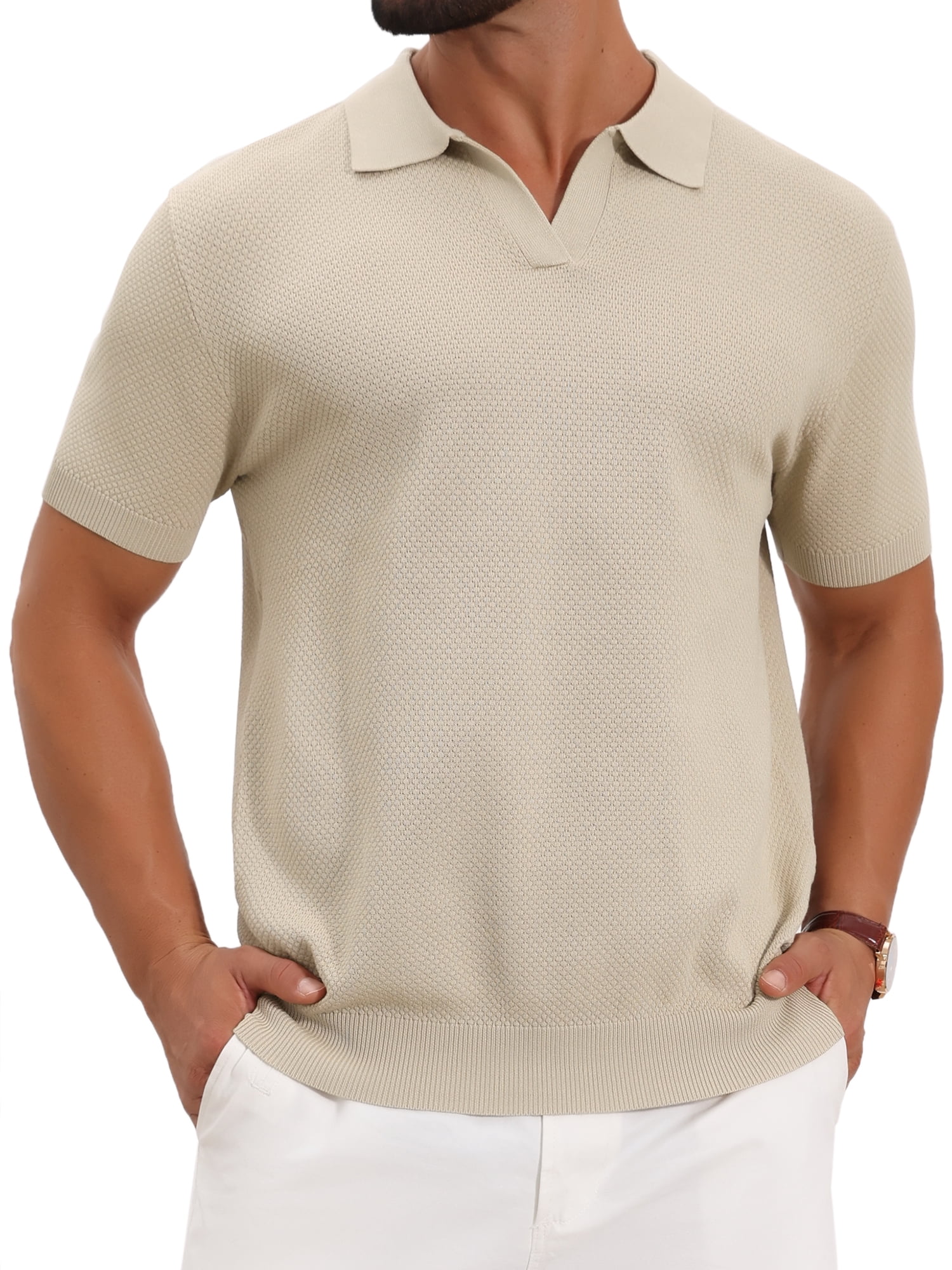 DARING DIVA Men's Textured Knit V Neck Short Sleeve Casual Golf Polo Shirt S Beige