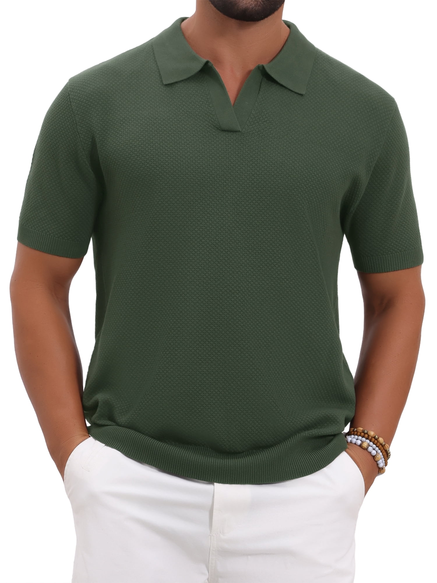 DARING DIVA Men's Textured Knit V Neck Short Sleeve Casual Golf Polo Shirt XL Olive Green