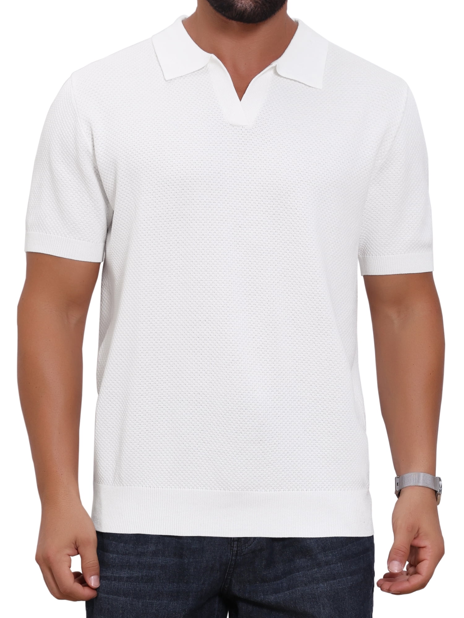 DARING DIVA Men's Textured Knit V Neck Short Sleeve Casual Golf Polo Shirt XL White