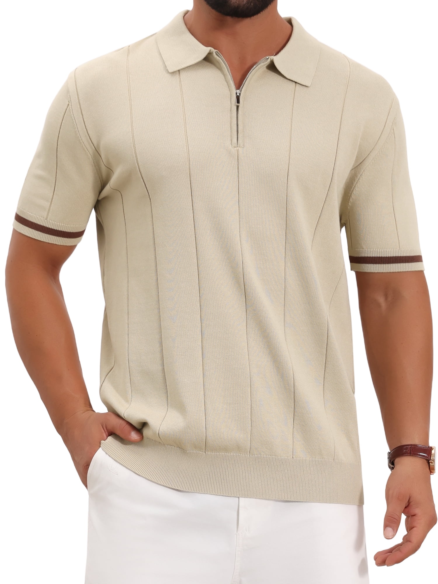 DARING DIVA Men's Textured Zip Up Ribbed Hem Short Sleeve Golf Polo Shirts L Beige