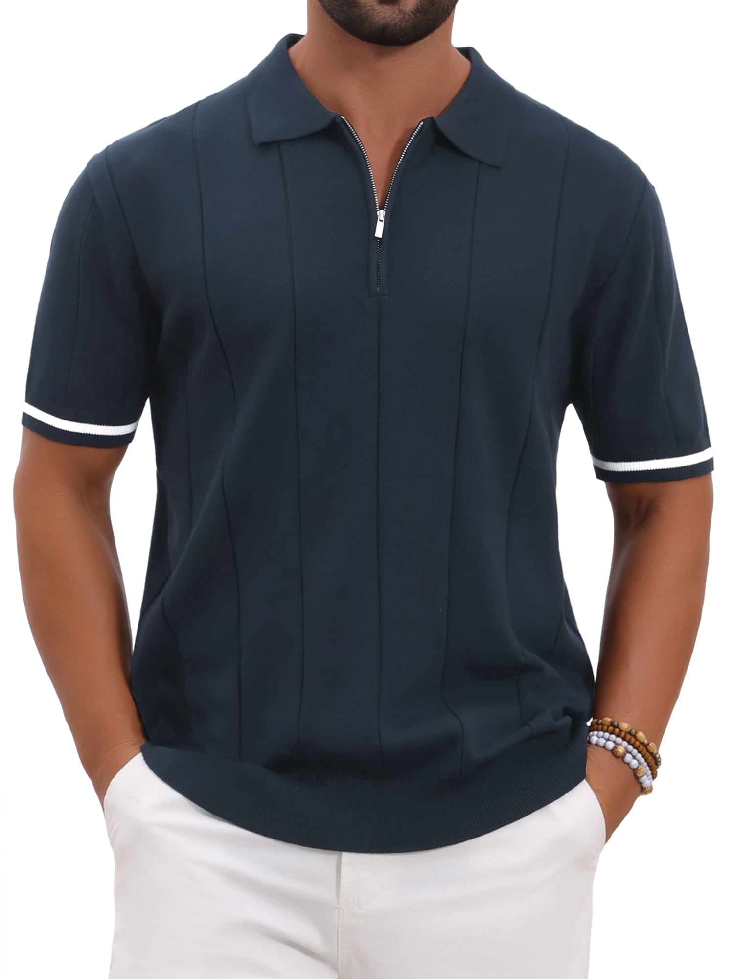 DARING DIVA Men's Textured Zip Up Ribbed Hem Short Sleeve Golf Polo Shirts M Navy Blue