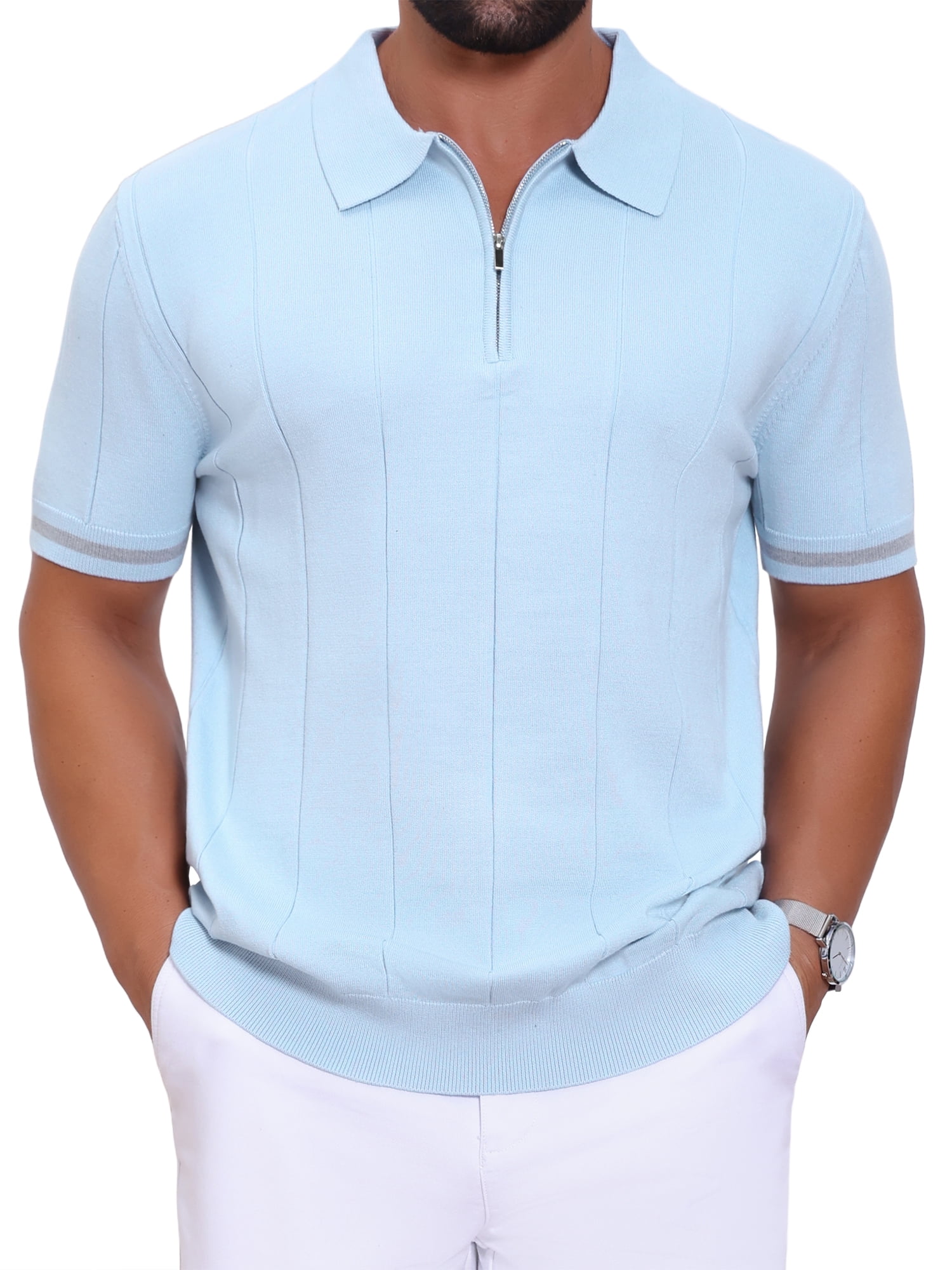 DARING DIVA Men's Textured Zip Up Ribbed Hem Short Sleeve Golf Polo Shirts S Light Blue