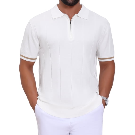 DARING DIVA Men's Textured Zip Up Ribbed Hem Short Sleeve Golf Polo Shirts S White