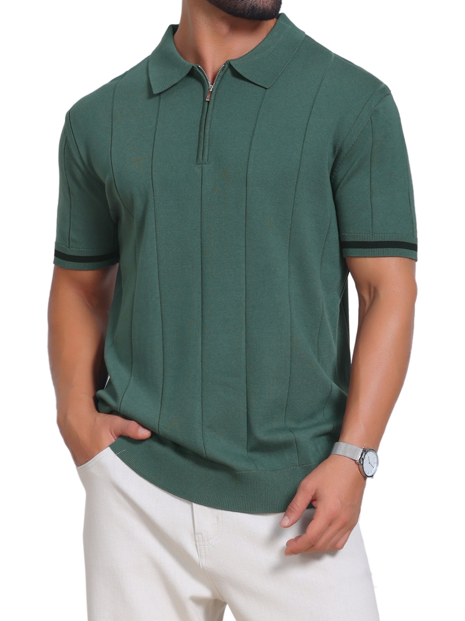 DARING DIVA Men's Textured Zip Up Ribbed Hem Short Sleeve Golf Polo Shirts XL Green