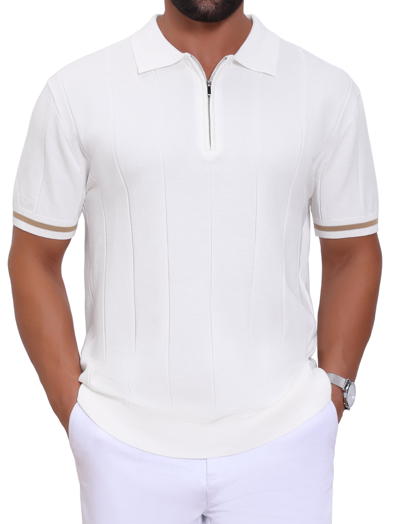 DARING DIVA Men's Textured Zip Up Ribbed Hem Short Sleeve Golf Polo Shirts XL White
