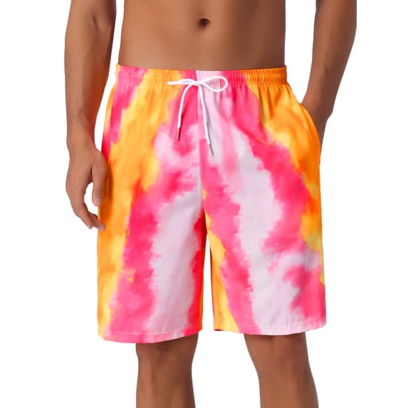 DARING DIVA Men's Tie-dyed Pattern Drawstring Elastic Waist Board Shorts 32 Pink Yellow