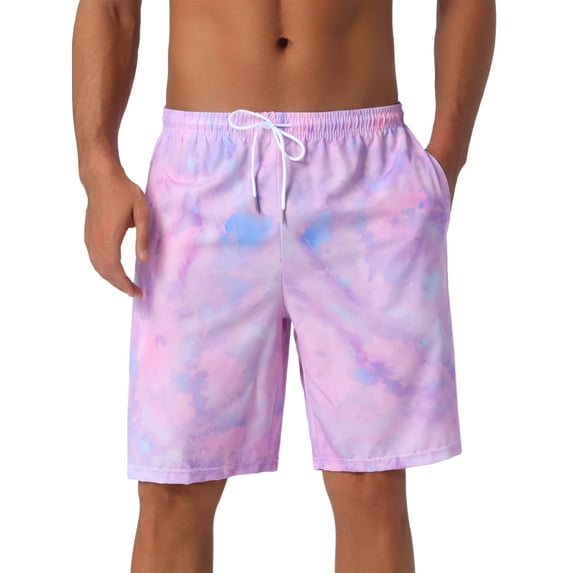 DARING DIVA Men's Tie-dyed Pattern Drawstring Elastic Waist Board Shorts 36 Purple Blue
