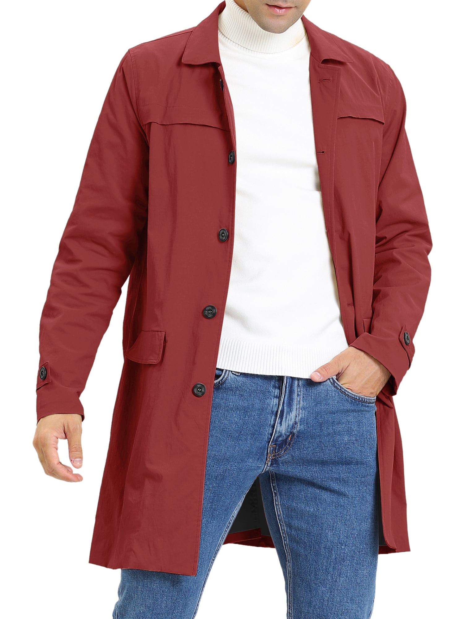 DARING DIVA Men's Trench Coat Lightweight Single Breasted Jacket Overcoat S Burgundy