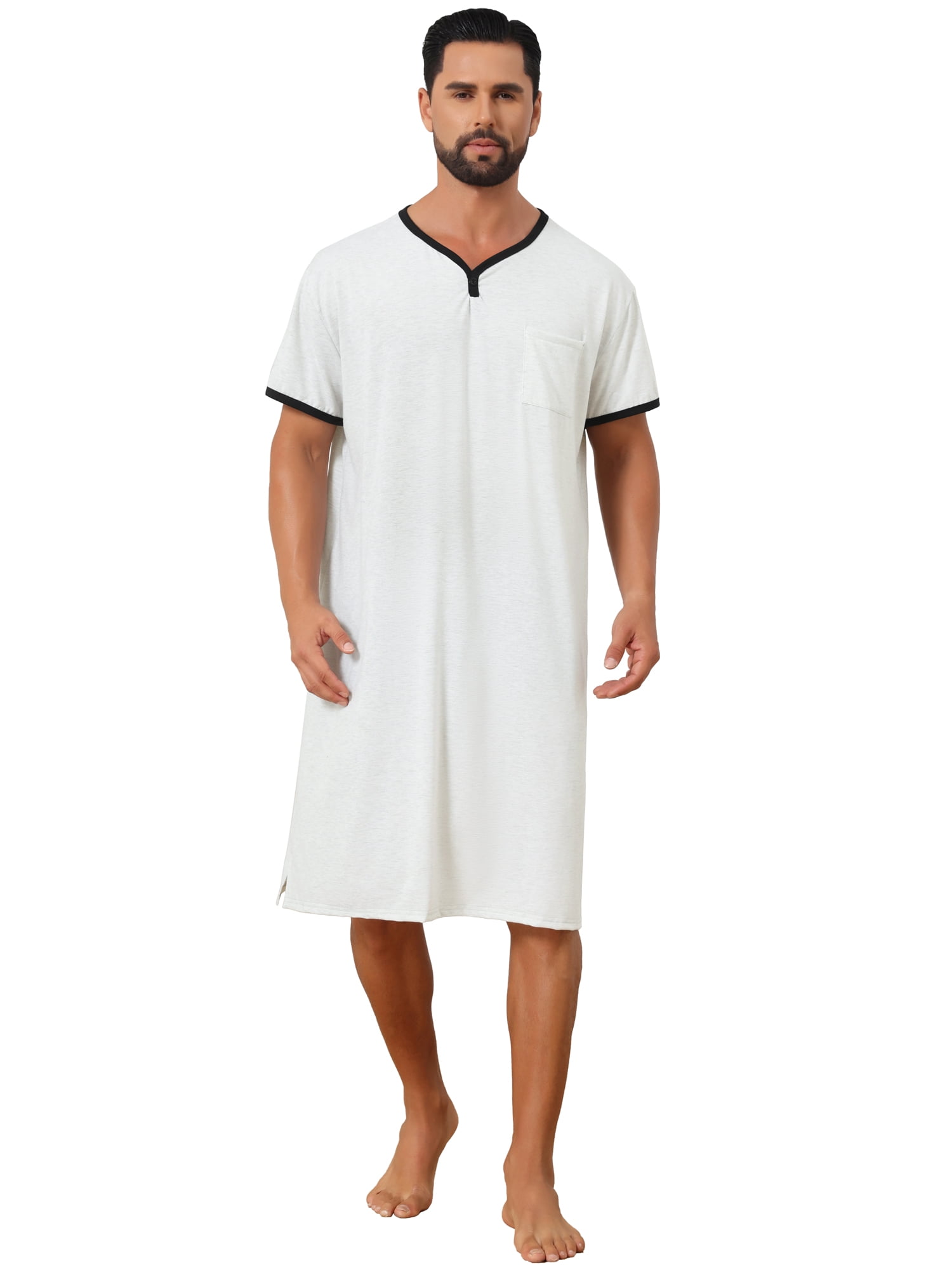DARING DIVA Men's V-Neck Colorblock Trim Short Sleeve Chest Pocket Pajama L Light Gray