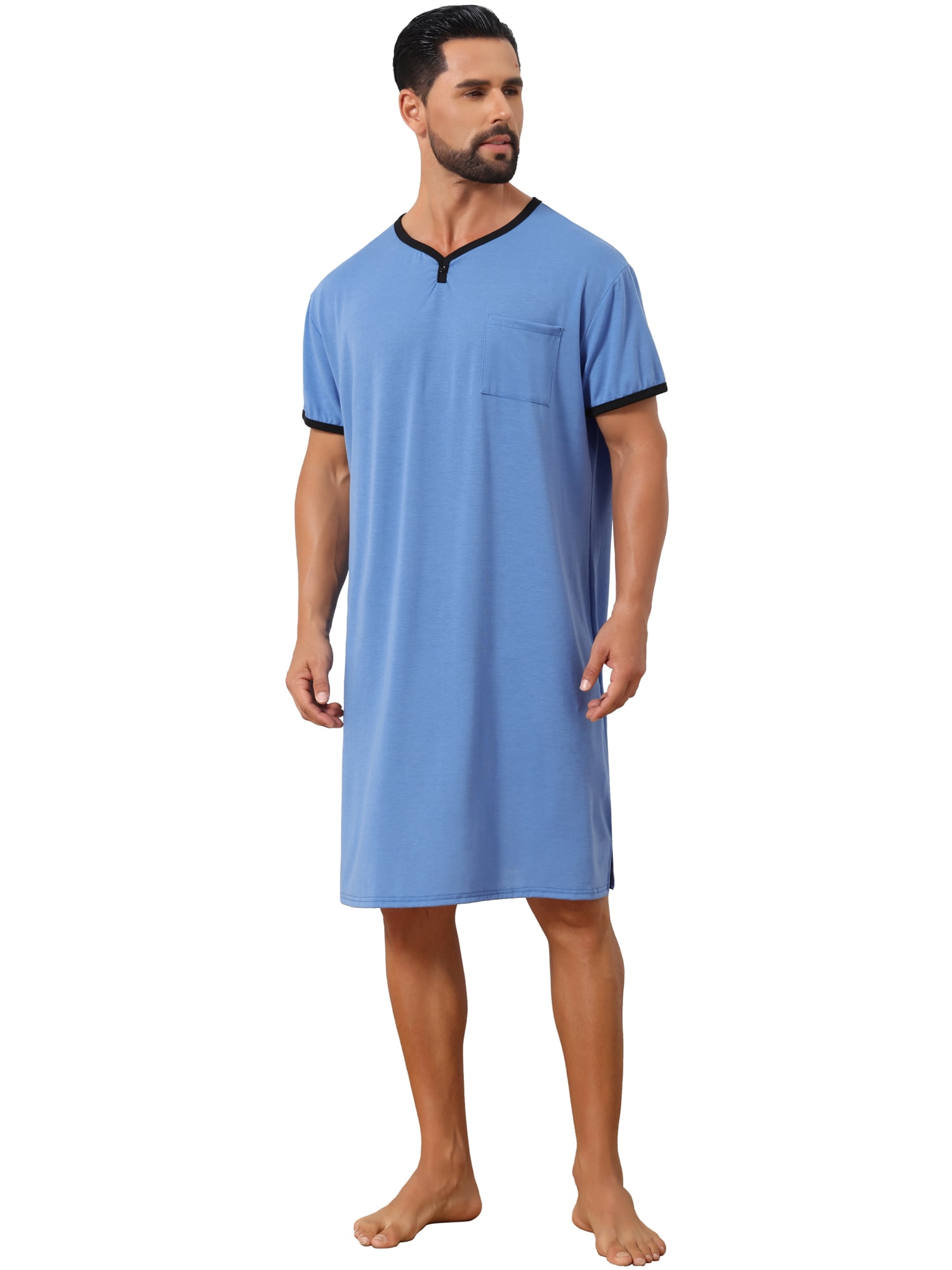 DARING DIVA Men's V-Neck Colorblock Trim Short Sleeve Chest Pocket Pajama M Light Blue