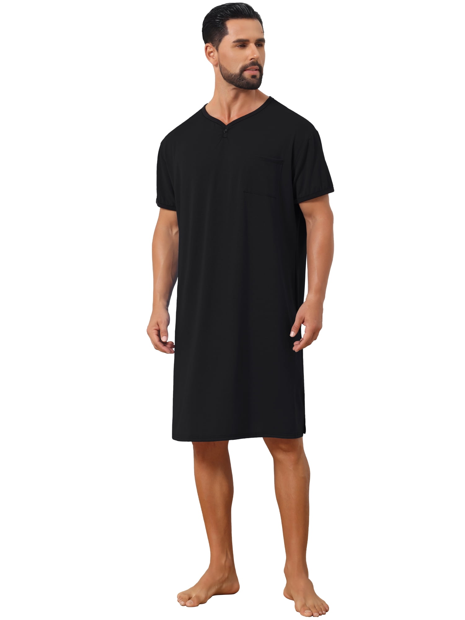 DARING DIVA Men's V-Neck Colorblock Trim Short Sleeve Chest Pocket Pajama S Black